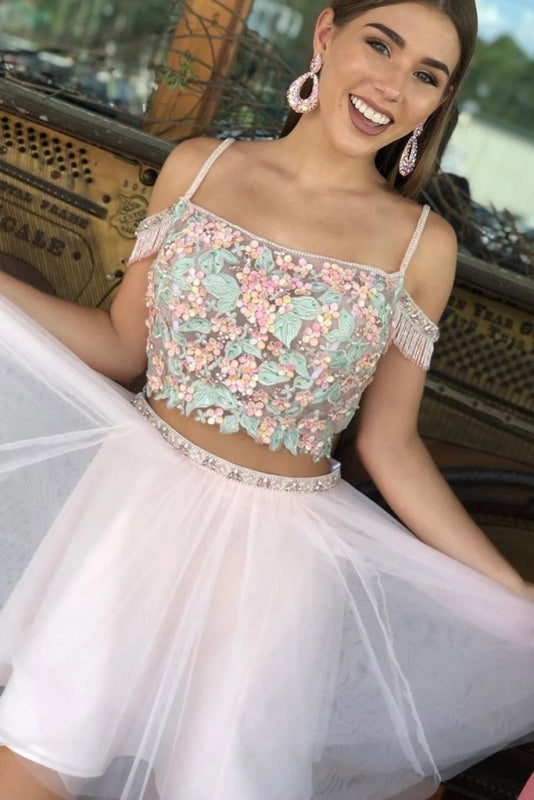 Two Piece Off the Shoulder Tulle Short Homecoming Charming Prom Dress with Beads - Prom Dresses