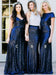 Two Piece Round Neck Navy Blue Sequined Long Bridesmaid Dress - Bridesmaid Dresses