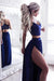Two Piece Royal Blue Straps Split V-neck Prom with Lace Sexy Long Party Dresses - Prom Dresses