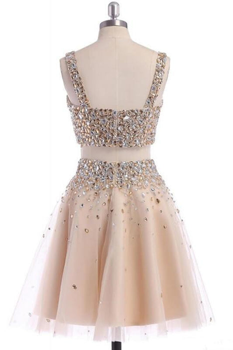 Two Piece Strap Homecoming with Crystals A Line Tulle Short Party Dress - Prom Dresses