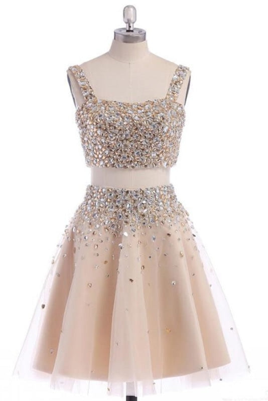 Two Piece Strap Homecoming with Crystals A Line Tulle Short Party Dress - Prom Dresses