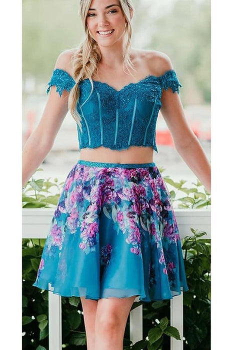 Two Piece Turquoise Off Shoulder Beading Lace Floral Homecoming Dresses - Prom Dresses