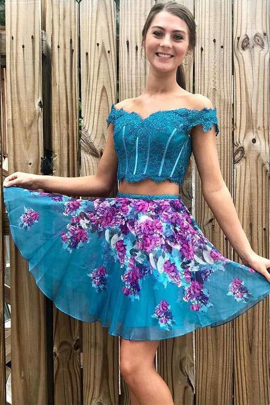 Two Piece Turquoise Off Shoulder Beading Lace Floral Homecoming Dresses - Prom Dresses