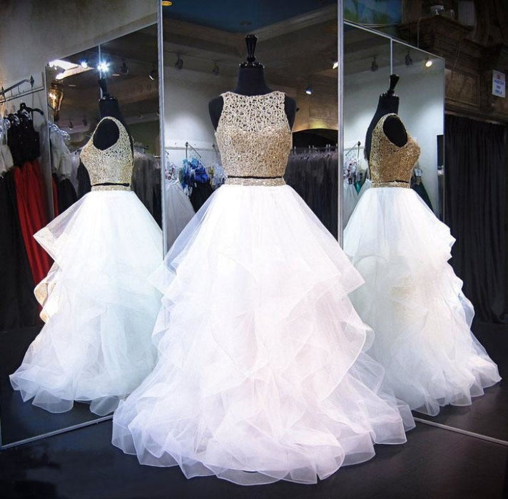 Two Piece White Shiny Ruffles Sleeveless Floor Length Prom Gown with Gold Top - Prom Dresses