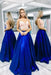 Two Pieces Royal Blue Satin Prom Dresses Spaghetti Strap Long Party Dress with Lace - Prom Dresses