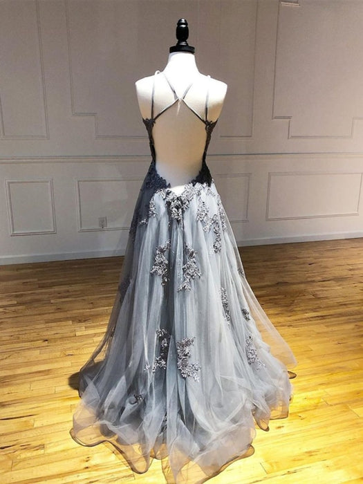 Unique Backless Lace Appliques Gray Long Prom Dresses, Backless Gray Lace Formal Dresses, Lace Gray Evening Dresses