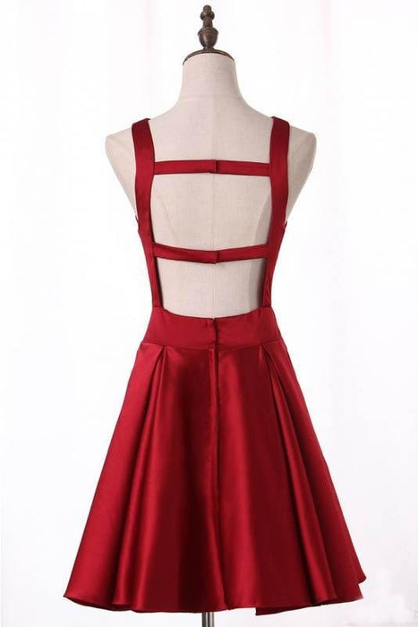 Unique Burgundy Satin Homecoming A Line Short Prom Dress with Keyhole - Prom Dresses