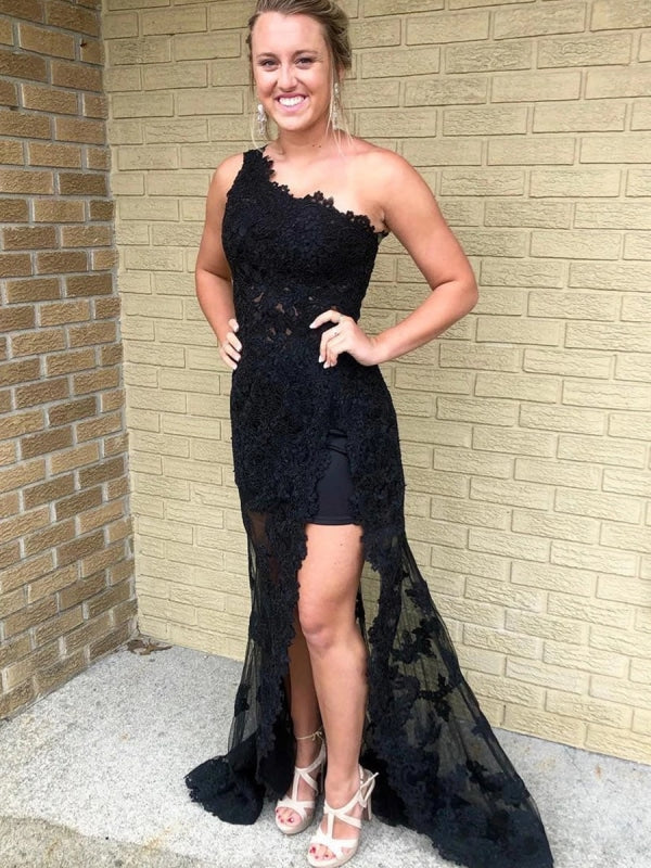 Unique One Shoulder Black Lace Long Prom Dresses with High Slit, Black Lace Formal Graduation Evening Dresses