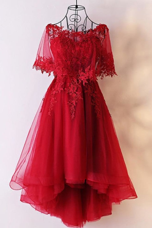 Unique Sweetheart Red High Low Lace Up Back Tulle Cheap Prom Dress With Appliques - Prom Dresses