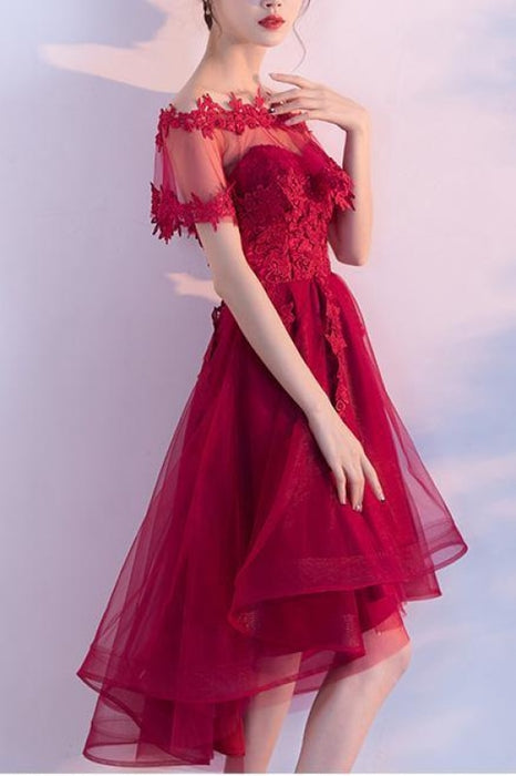 Unique Sweetheart Red High Low Lace Up Back Tulle Cheap Prom Dress With Appliques - Prom Dresses