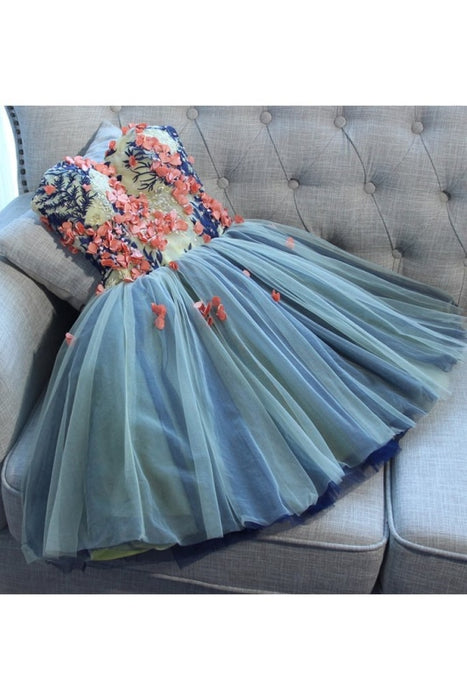 Unique Sweetheart Tulle Mini Homecoming Dress with Flowers A Line Short Prom Gown - Prom Dresses