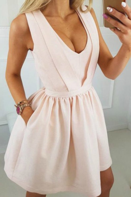 Unique V Neck Satin Homecoming Pocket Short Prom Dress with Open Back - Prom Dresses