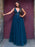 V Neck and V Back Blue Lace Beaded Long Prom Dresses, Long Blue Lace Formal Evening Dresses