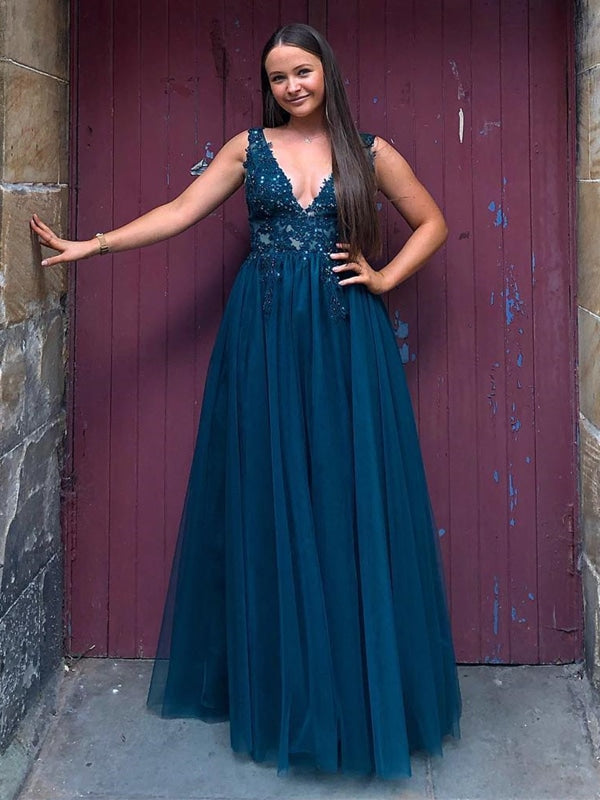 V Neck and V Back Blue Lace Beaded Long Prom Dresses, Long Blue Lace Formal Evening Dresses