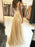 V Neck and V Back Champagne Lace Long Prom Dresses, Champagne Lace Formal Graduation Evening Dresses 