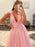 V Neck and V Back Pink Tulle Long Prom Dresses, V Neck Pink Formal Graduation Evening Dresses 