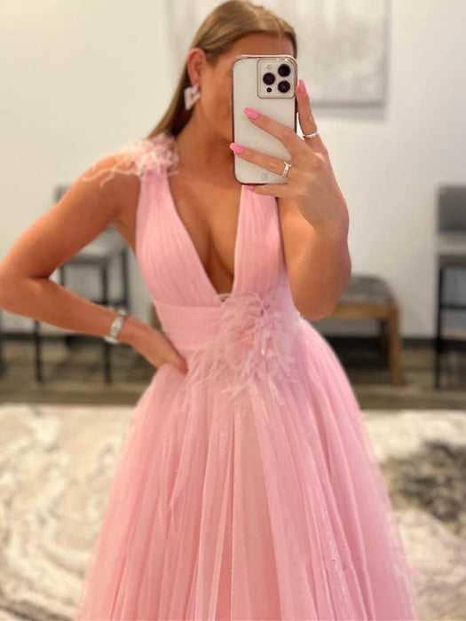 V Neck and V Back Pink Tulle Long Prom Dresses, V Neck Pink Formal Graduation Evening Dresses 