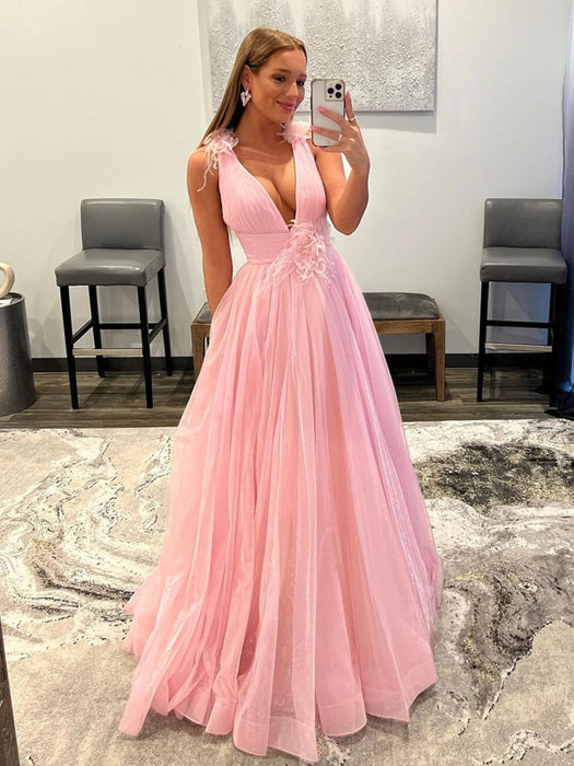 V Neck and V Back Pink Tulle Long Prom Dresses, V Neck Pink Formal Graduation Evening Dresses 