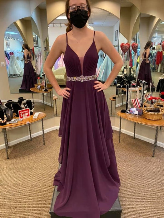 V Neck and V Back Purple Chiffon Long Prom Dresses with Belt, V Neck Purple Formal Graduation Evening Dresses 