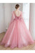 V-Neck Appliques Beading Floor-Length Quinceanera Ball Gown Tulle Prom Dress - Prom Dresses