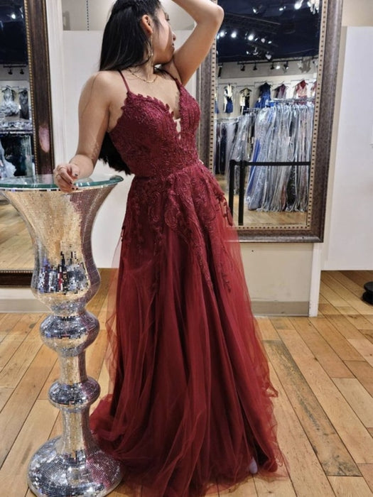 V Neck Backless Burgundy Lace Long Prom Dresses, Long Wine Red Lace Formal Evening Dresses