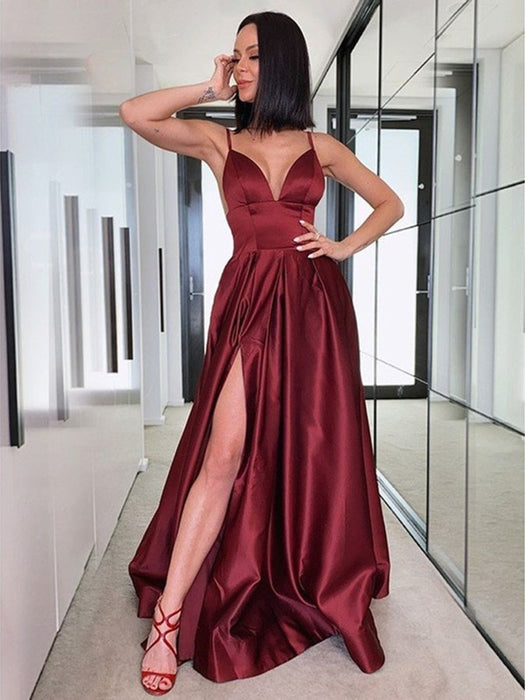 V Neck Backless Burgundy Satin Long Prom Dresses with High Slit Backl Bridelily