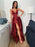 V Neck Backless Burgundy Satin Long Prom Dresses with High Slit, Backless Burgundy Formal Dresses, Burgundy Evening Dresses 