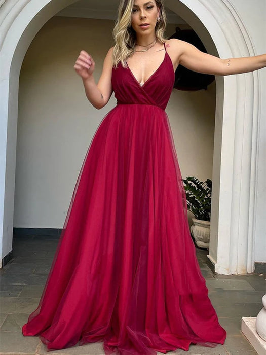 V Neck Backless Burgundy Tulle Long Prom Dresses Backless Maroon Formal Dresses Burgundy Evening Dresses - Prom Dress