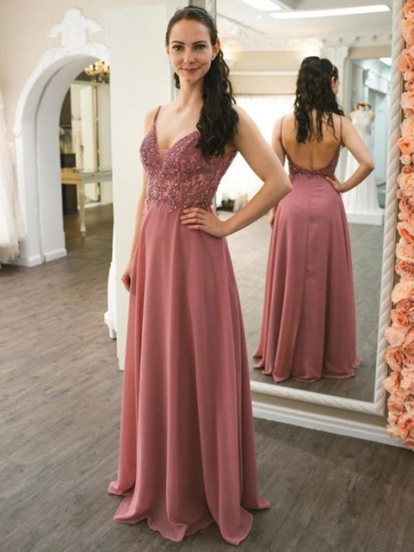 V Neck Backless Dusty Pink Lace Beaded Long Prom Dresses, Dusty Pink Lace Formal Graduation Evening Dresses 