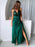 V Neck Backless Green Long Prom Dresses with Sequins Top, Backless Green Formal Graduation Evening Dresses 