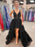 V Neck Backless High Low Beaded Black Lace Long Prom Dresses, Backless Black Formal Dresses, Black Lace Evening Dresses 