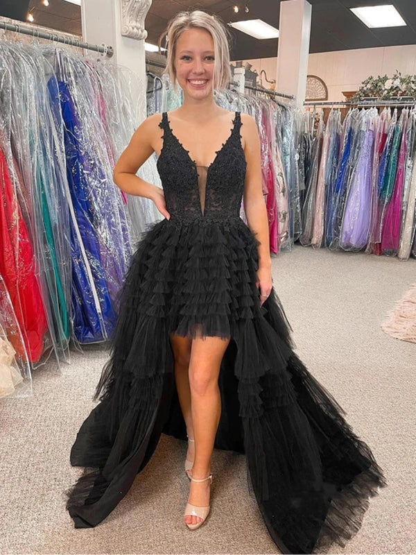 V Neck Backless High Low Beaded Black Lace Long Prom Dresses, Backless Black Formal Dresses, Black Lace Evening Dresses 