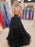 V Neck Backless High Low Beaded Black Lace Long Prom Dresses, Backless Black Formal Dresses, Black Lace Evening Dresses 