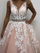 V Neck Backless Long Pink Lace Prom Dresses, Pink Lace Formal Dresses, Pink Evening Dresses