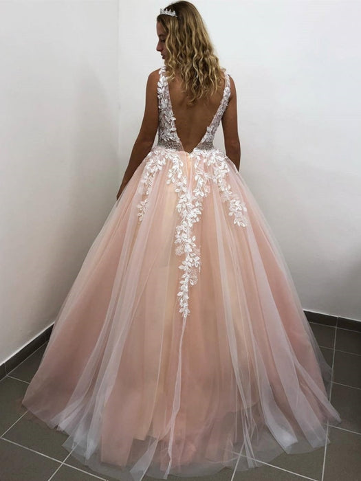 V Neck Backless Long Pink Lace Prom Dresses, Pink Lace Formal Dresses, Pink Evening Dresses