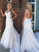 V Neck Backless Mermaid Champagne Lace Long Prom Wedding Dresses with Train, Champagne Lace Formal Evening Dresses 