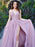 V Neck Backless Pink Lace Long Prom Dresses with High Slit, Pink Lace Formal Dresses, Pink Evening Dresses