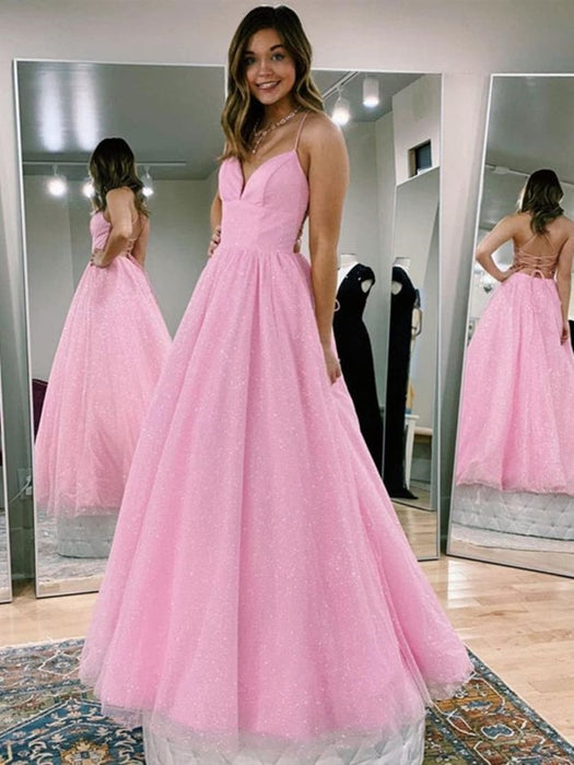 V Neck Backless Pink Sequins Long Prom Dresses, Backless Pink