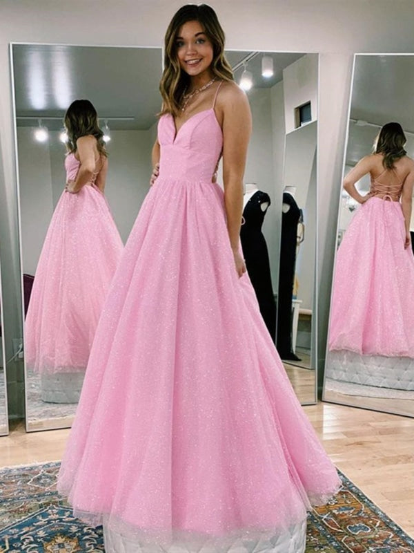 V Neck Backless Pink Sequins Long Prom Dresses, Backless Pink Formal Dresses, y Pink Evening Dresses