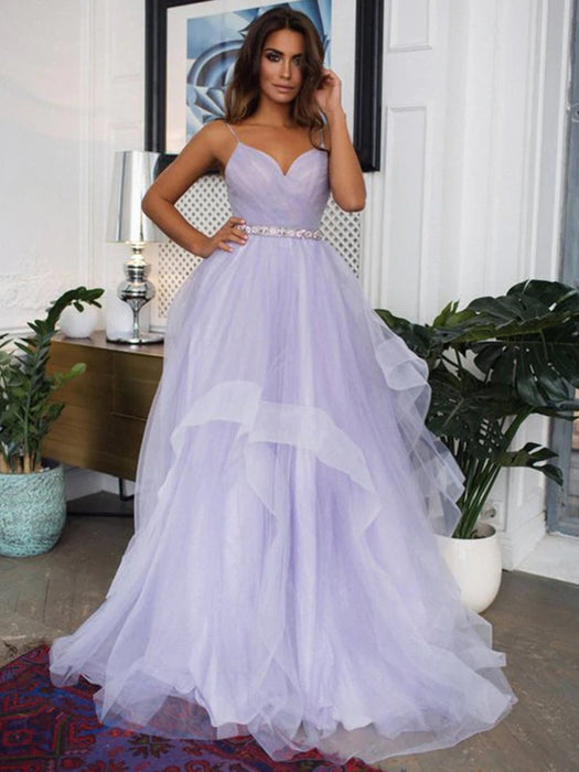 V Neck Backless Purple Tulle Prom Dresses with Belt, Backless Purple H —  Bridelily