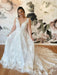 V Neck Backless White Lace Long Prom Dresses, White Lace Wedding Dresses, White Formal Evening Dresses 