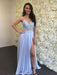 V Neck Blue Lace Long Prom Dresses with High Slit, V Neck Blue Bridesmaid Dresses, Blue Lace Formal Evening Dresses 