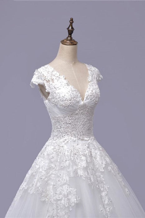 V-Neck Cap Sleeve Boho Lace Wedding Dress With Sleeves - Bridelily
