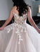 V Neck Champagne Lace Long Prom Dresses, Champagne Lace Wedding Dresses, Champagne Formal Evening Dresses 