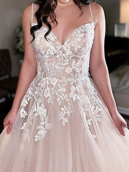 V Neck Champagne Lace Long Prom Dresses, Champagne Lace Wedding Dresse —  Bridelily