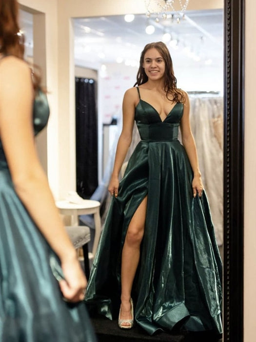 V Neck Dark Green Long Prom Dresses with High Slit, V Neck Dark Green Formal Dresses, Green Evening Dresses