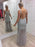 V Neck Floor Length Backless Mermaid Grey Lace Appliques Long Prom Dresses, Mermaid Grey Lace Formal Evening Dresses