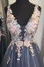 V Neck Lace Appliques Smoke Blue Long Prom Dresses, Smoke Blue Formal Graduation Evening Dresses with Appliques