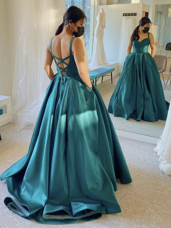 V Neck Open Back Green Satin Long Prom Dresses, V Neck Green Formal Dresses, Green Evening Dresses 