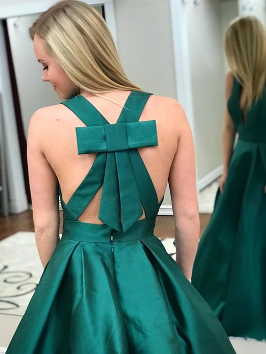 V Neck Open Back Green Satin Long Prom Dresses with Pocket, V Neck Green Formal Evening Dresses